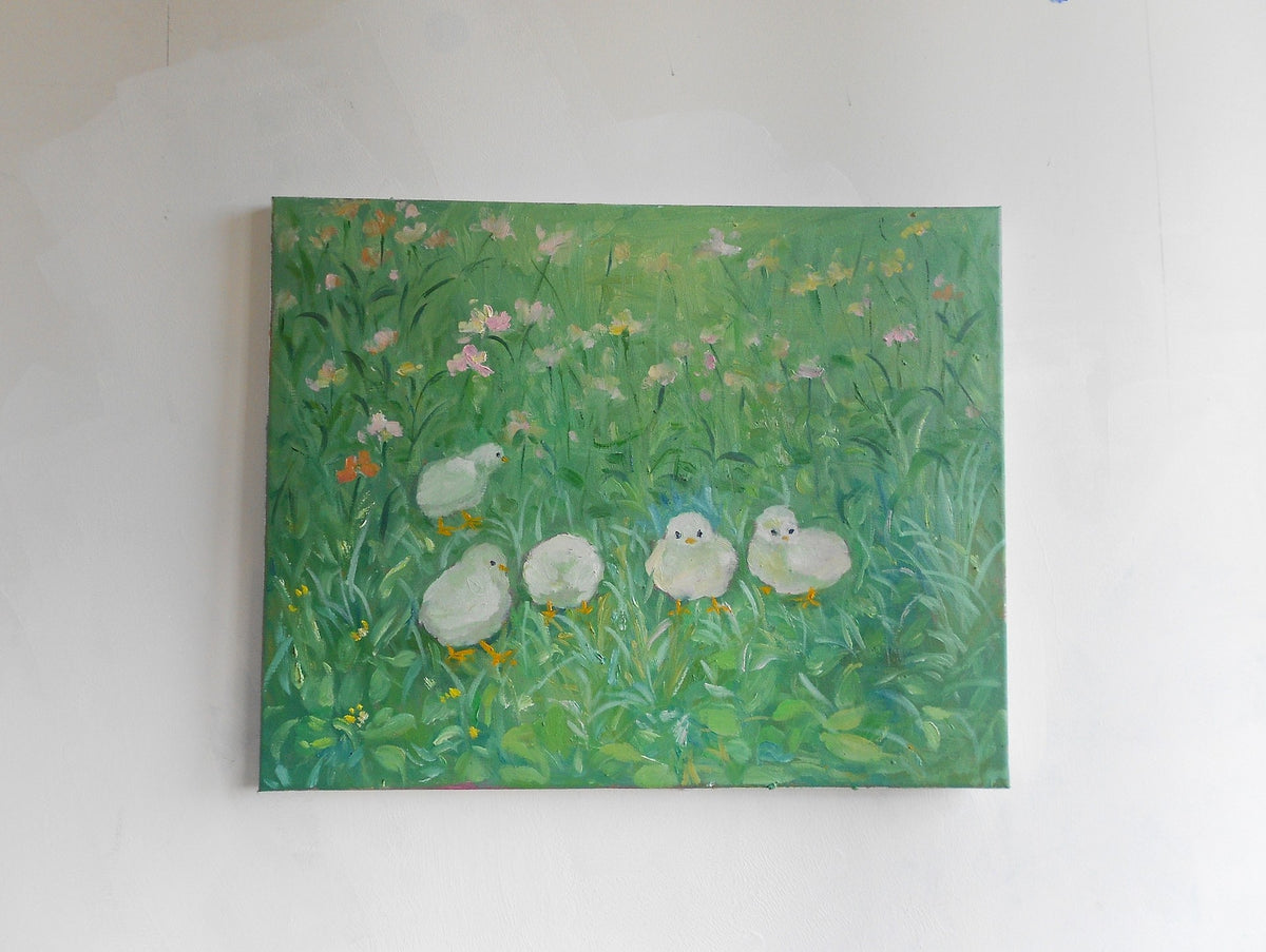 Oil Painting Five Chicks Pastoral Field