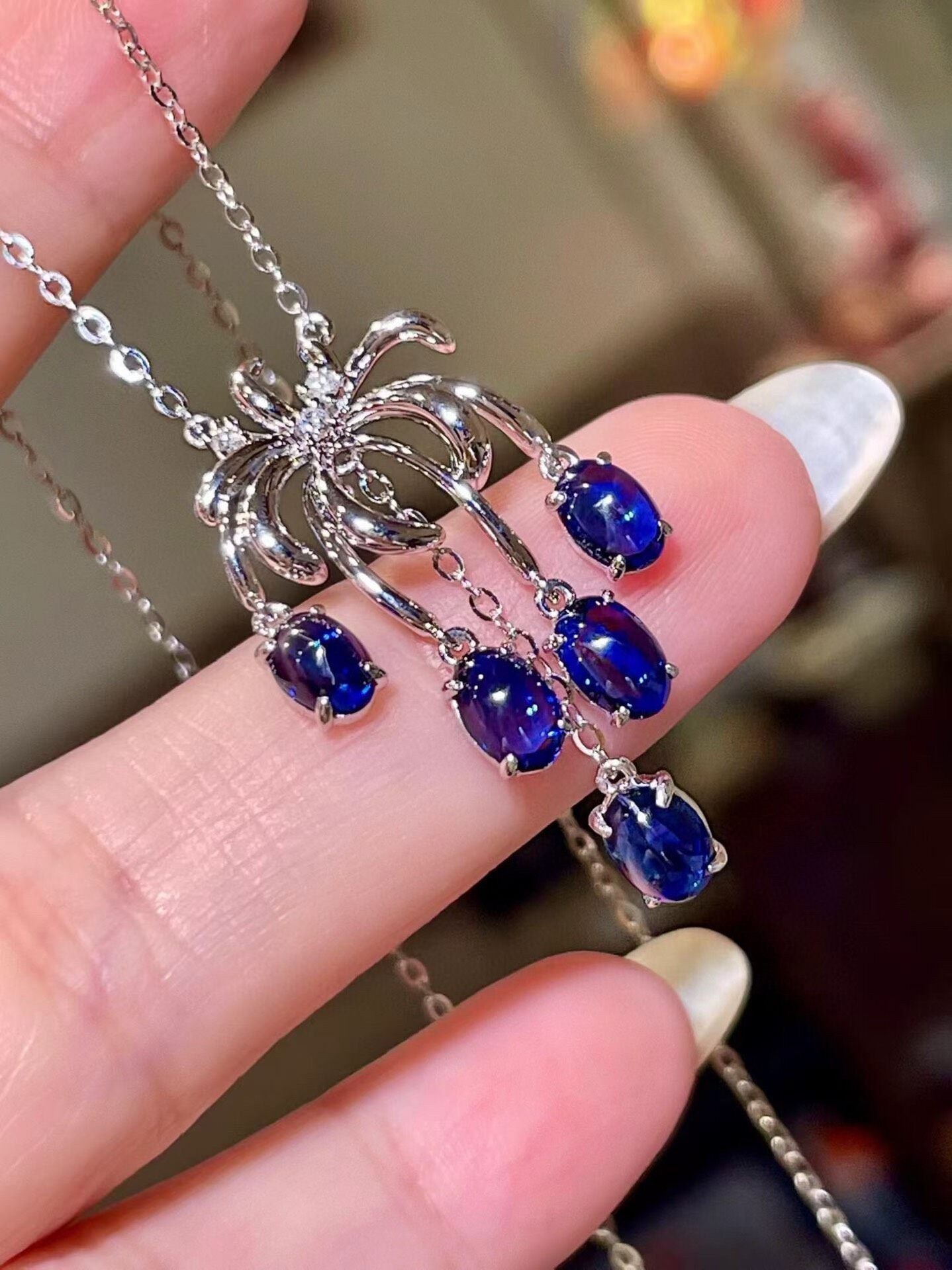 18K White Gold Palm Tree Pendant Necklace with 2.58ct Royal Blue Sapphires