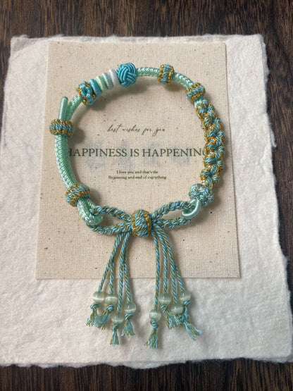 Handcrafted Light Blue and Gold Woven Bracelet with Translucent White Beads