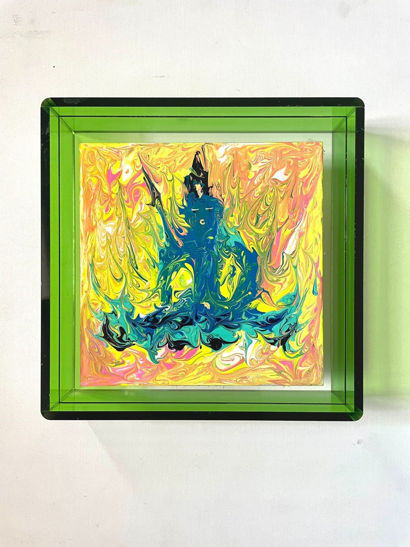 Acrylic Painting of Central Blue Figure in Green Frame
