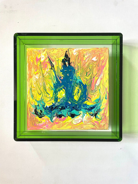 Acrylic Painting of Central Blue Figure in Green Frame