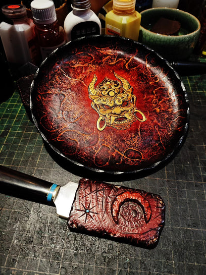 Handcrafted Leather Tray with Lava Gradient and Raised Mask Carving