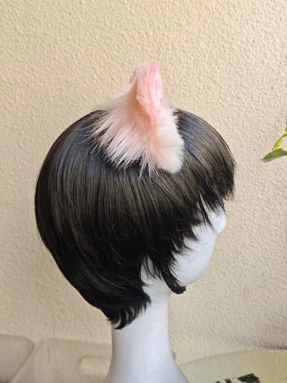 Handmade Cat Ears Headband Pink White Gradient Fur with Pom-Poms