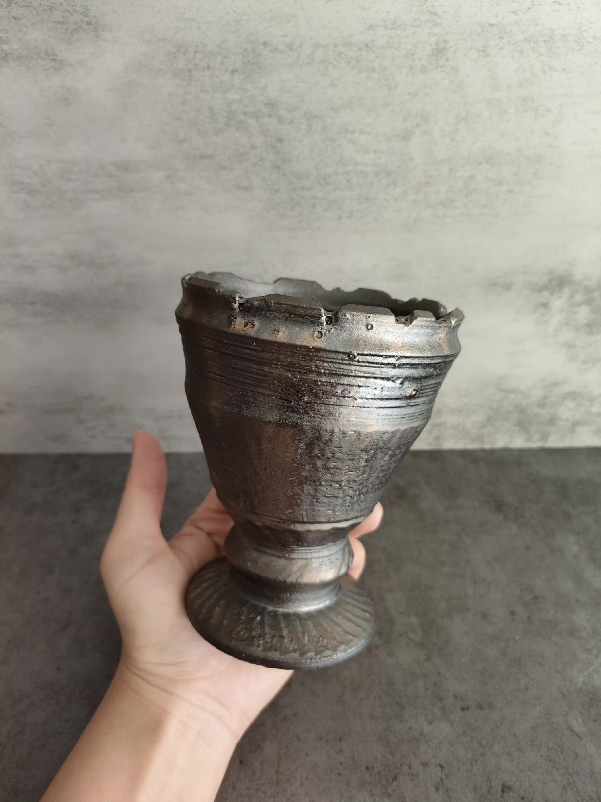 Handmade Ceramic Goblet Dark Metallic Finish