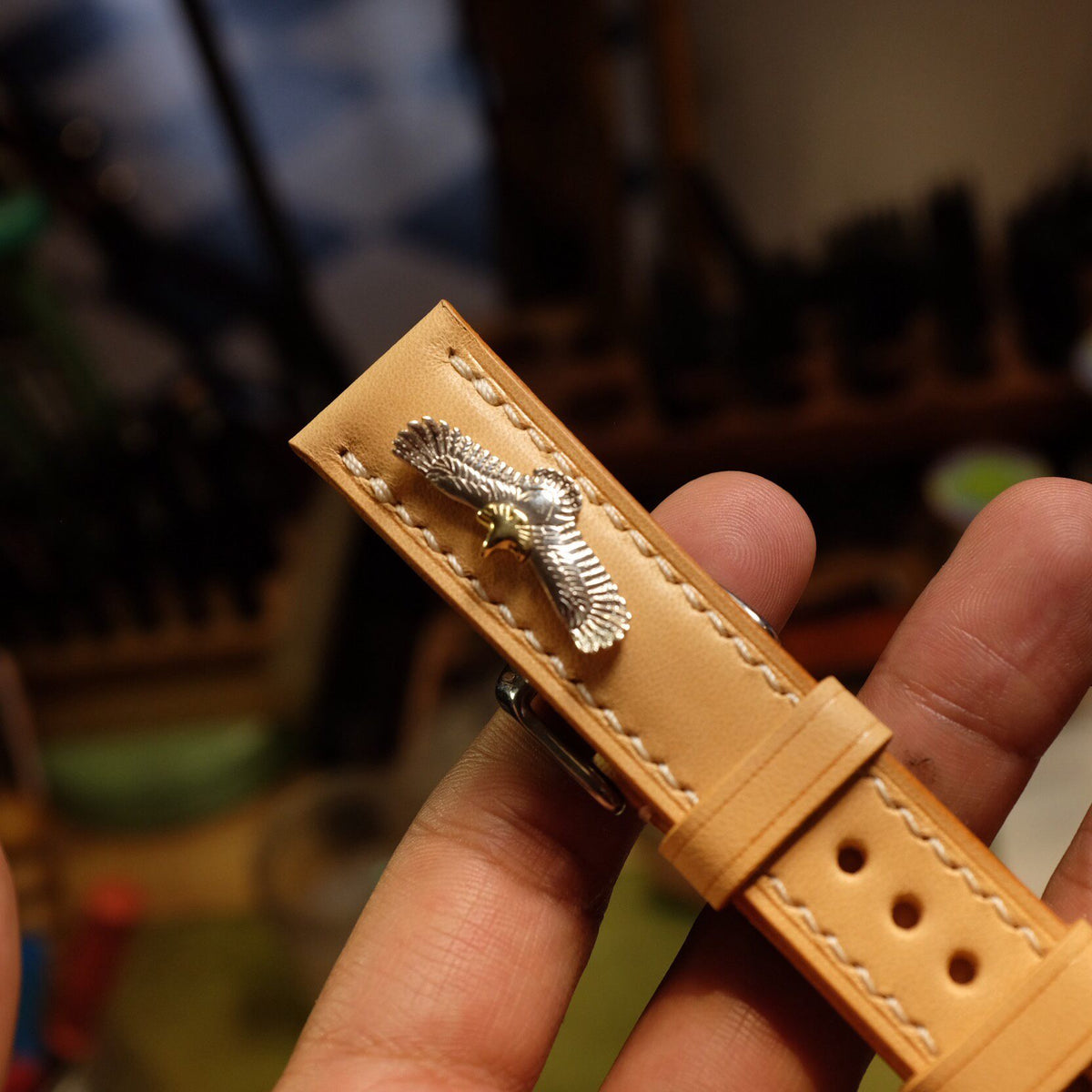 Italian Buttero Leather Watch Strap with Silver Eagle Buckle