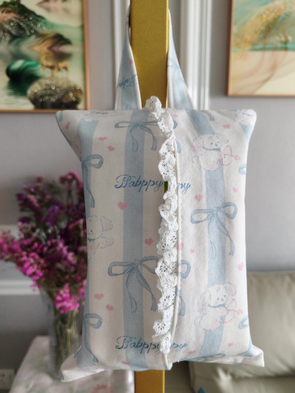 Handgemaakt canvas hangend zakdoekzakje met kant