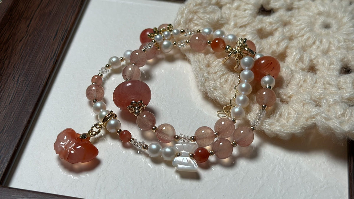 South Red Agate Butterfly Pearl Double Wrap Bracelet