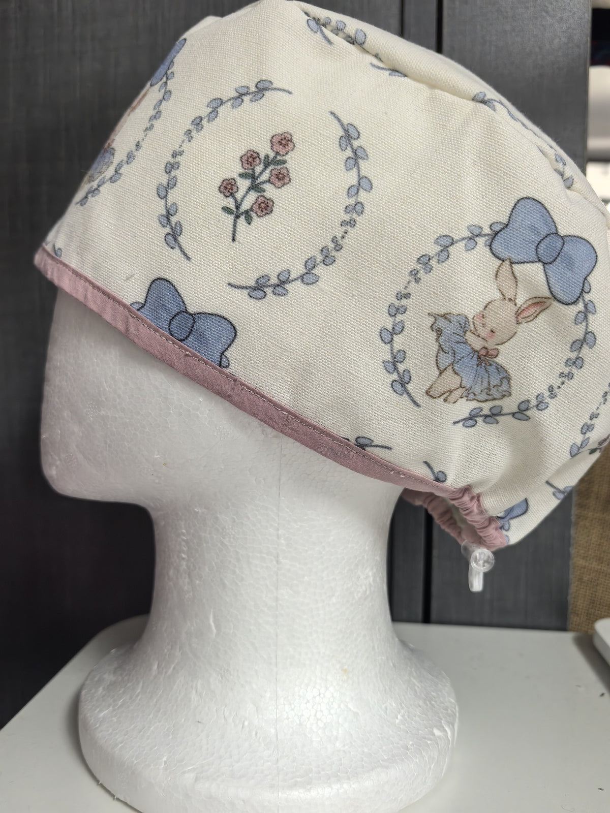 Cotton Linen Scrub Cap with Blue Rabbit Print
