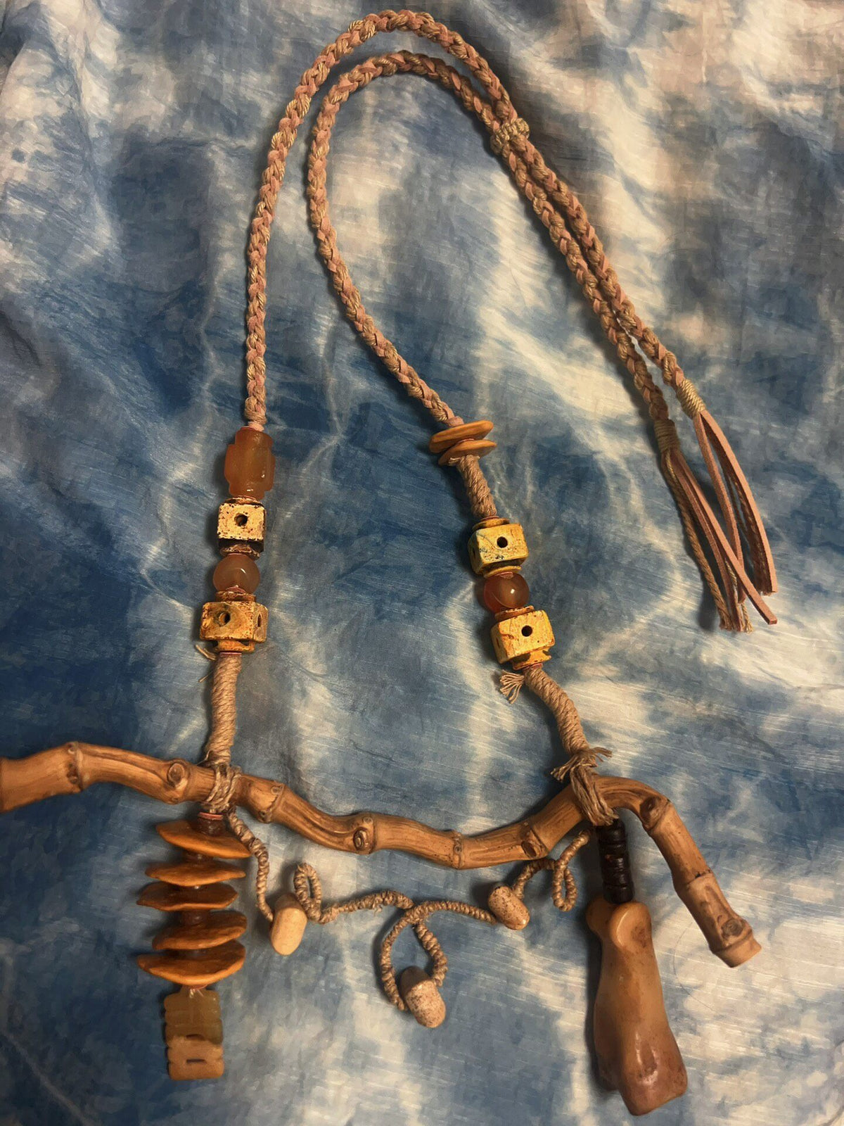 Handwoven Bamboo Root Necklace with Bone Pendant