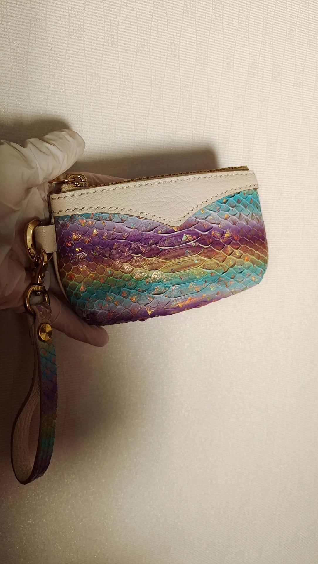 Handgemaakt Regboog-Draakschaal Leer Wristlet Tasje
