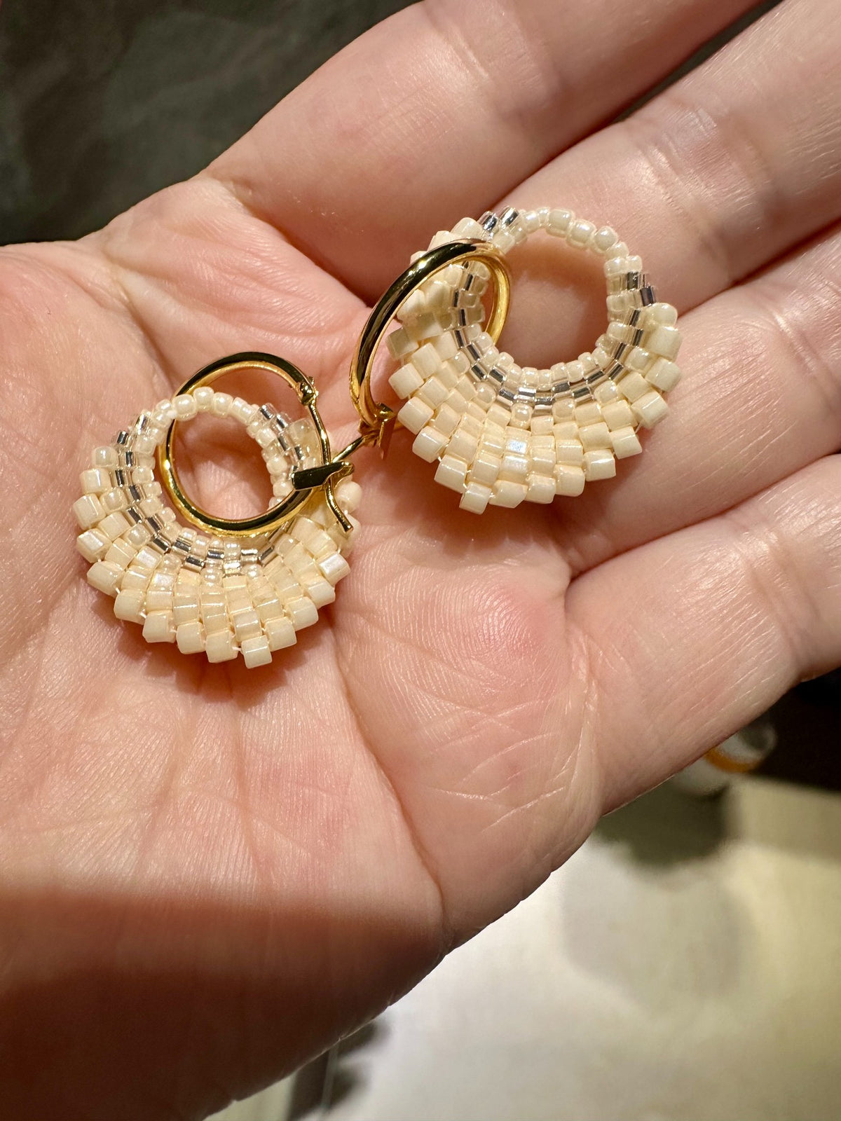 Handwoven Cream Beaded Hoop Earrings