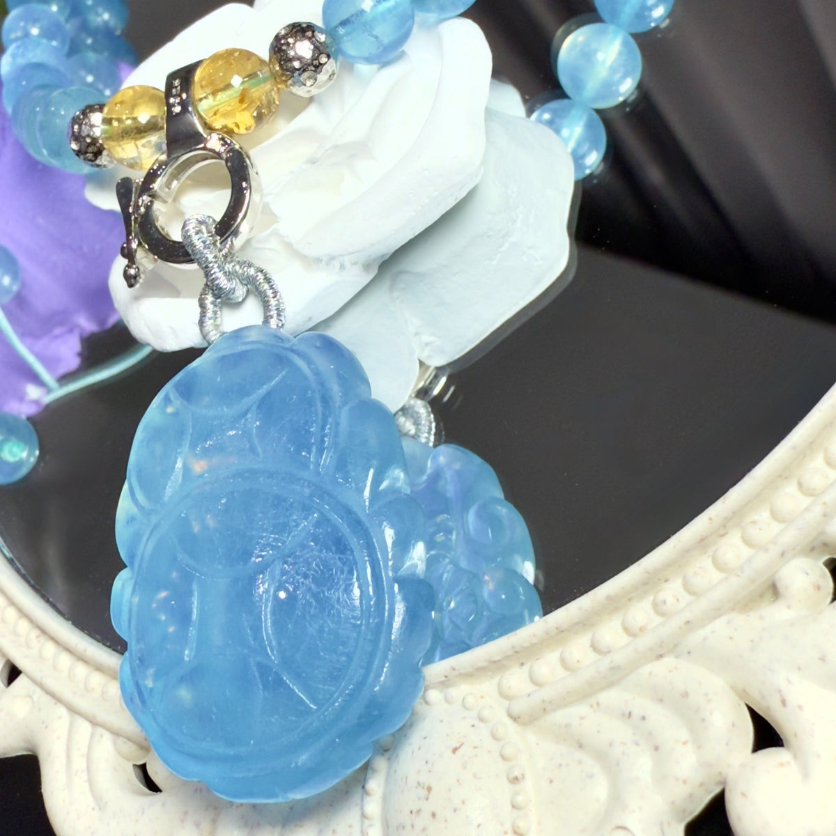 Natural Aquamarine Fox Pendant Necklace Set