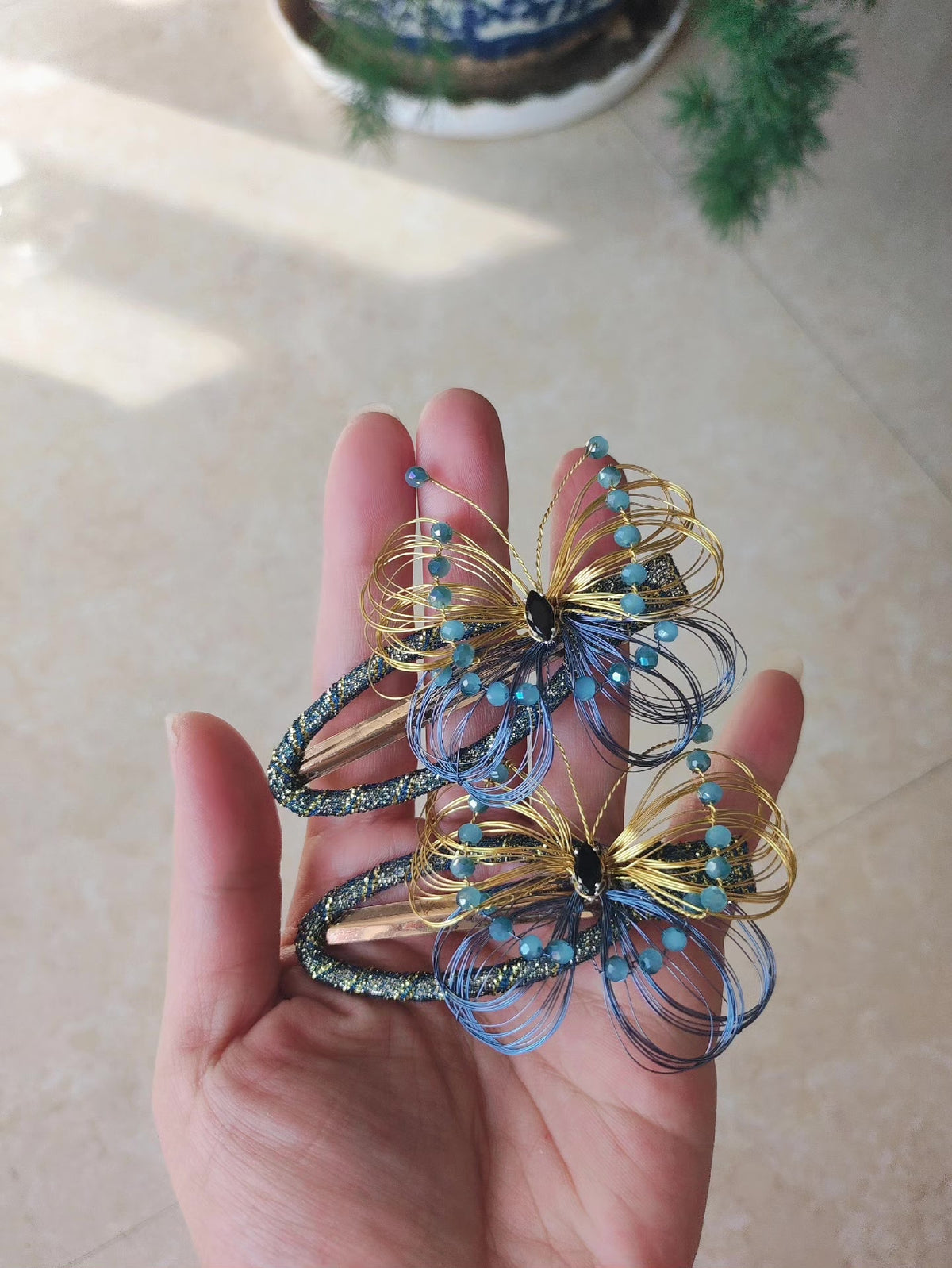 Copper Wire Butterfly Hair Clips Gold Blue