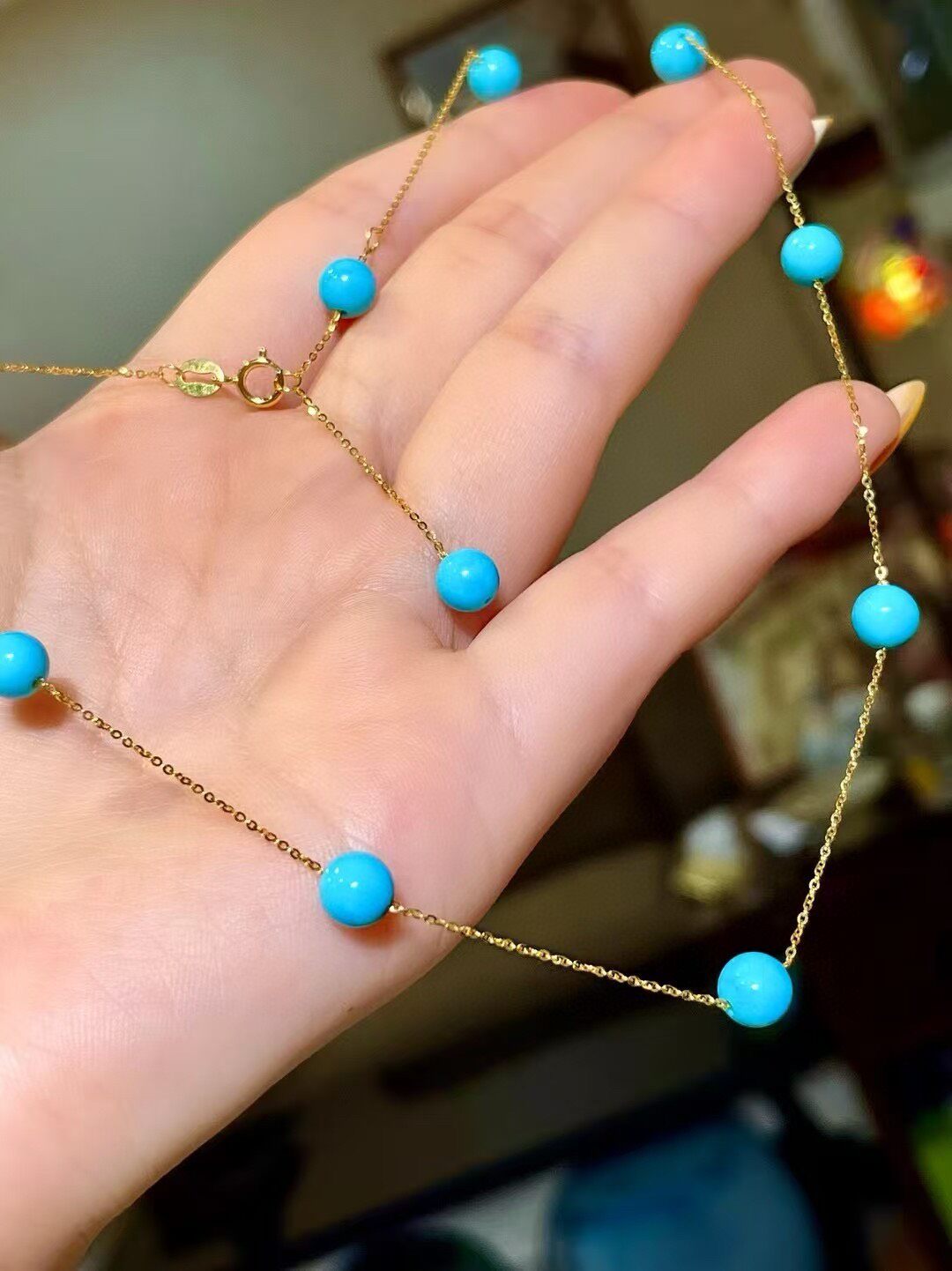 18k Gold Sleeping Beauty Turquoise Starry Sky Necklace, 6mm Beads