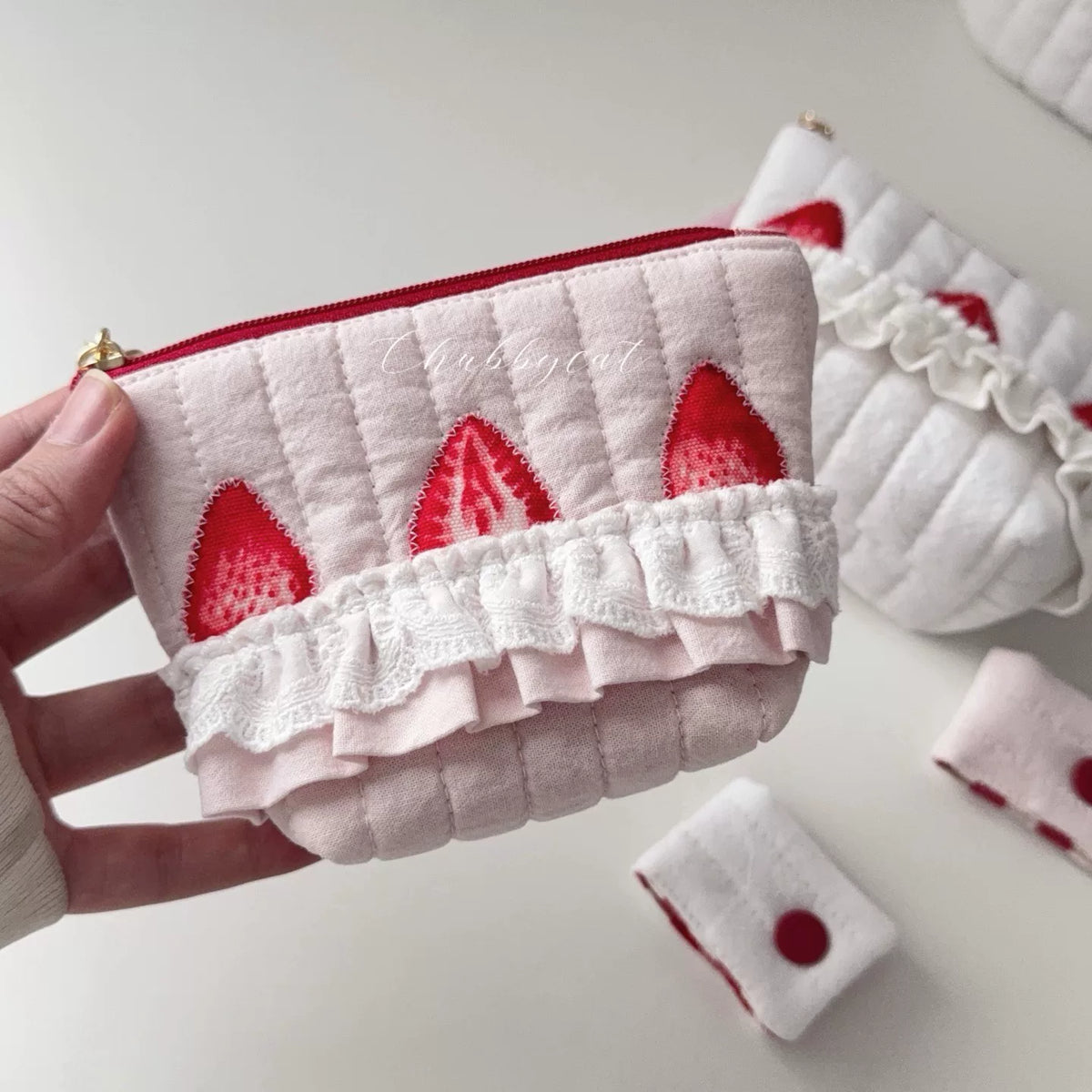 Strawberry Embroidered Quilted Coin Purse