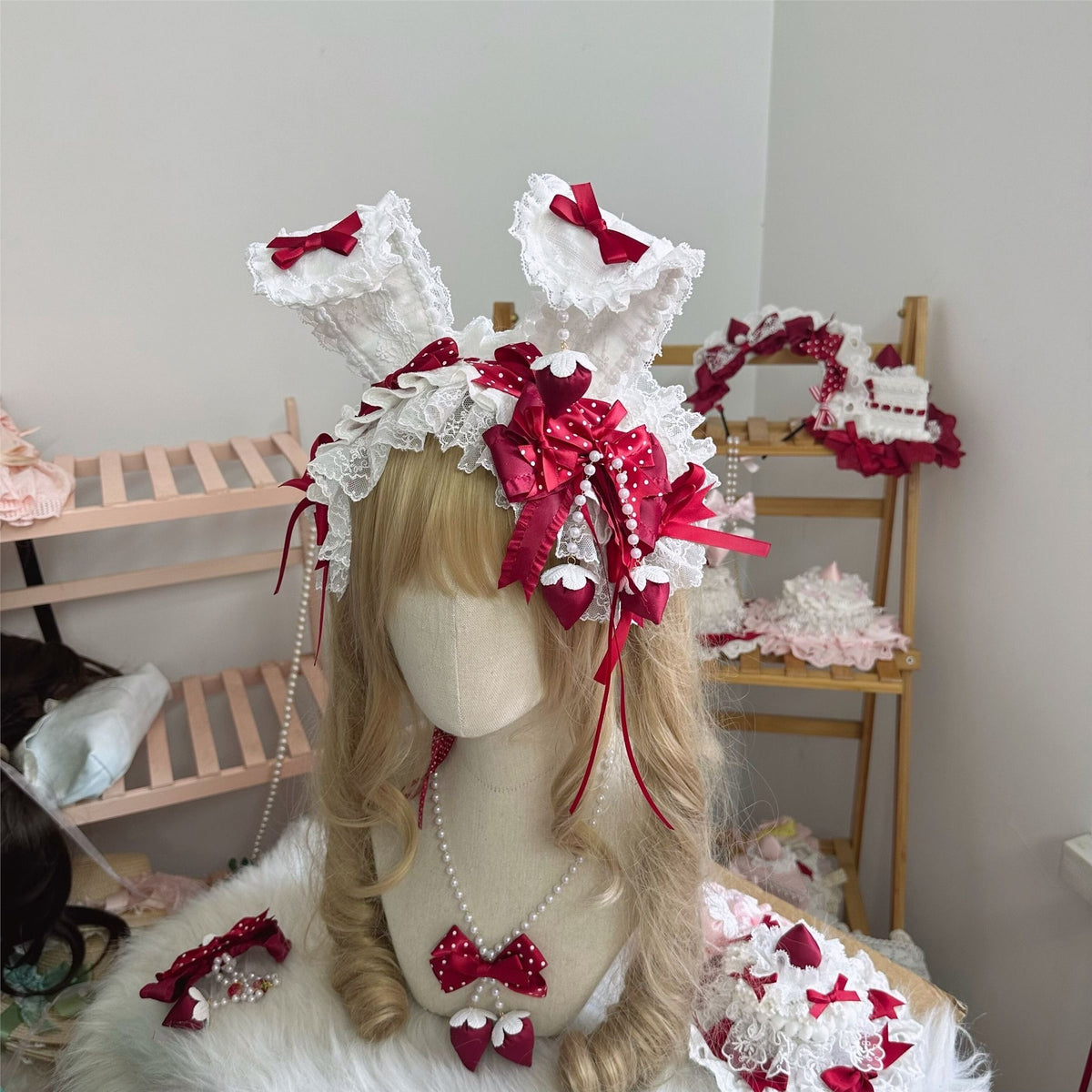 ハンドメイド レース バニーイヤーヘッドバンド