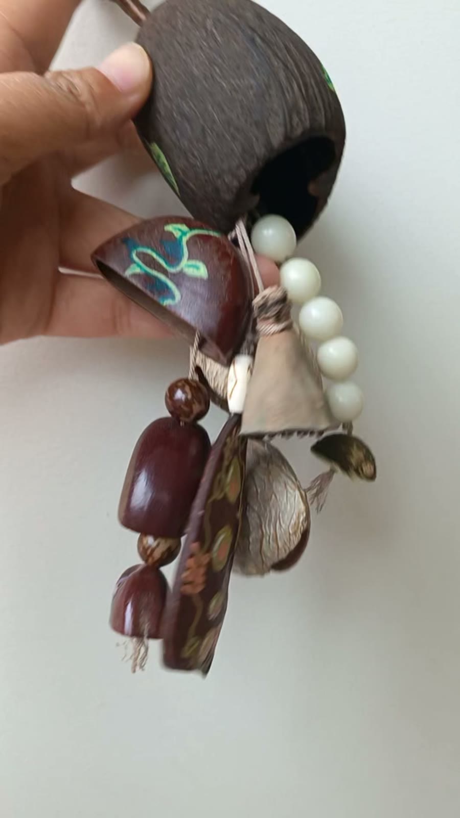Handmade Coconut Shell Bag Charm with Beads