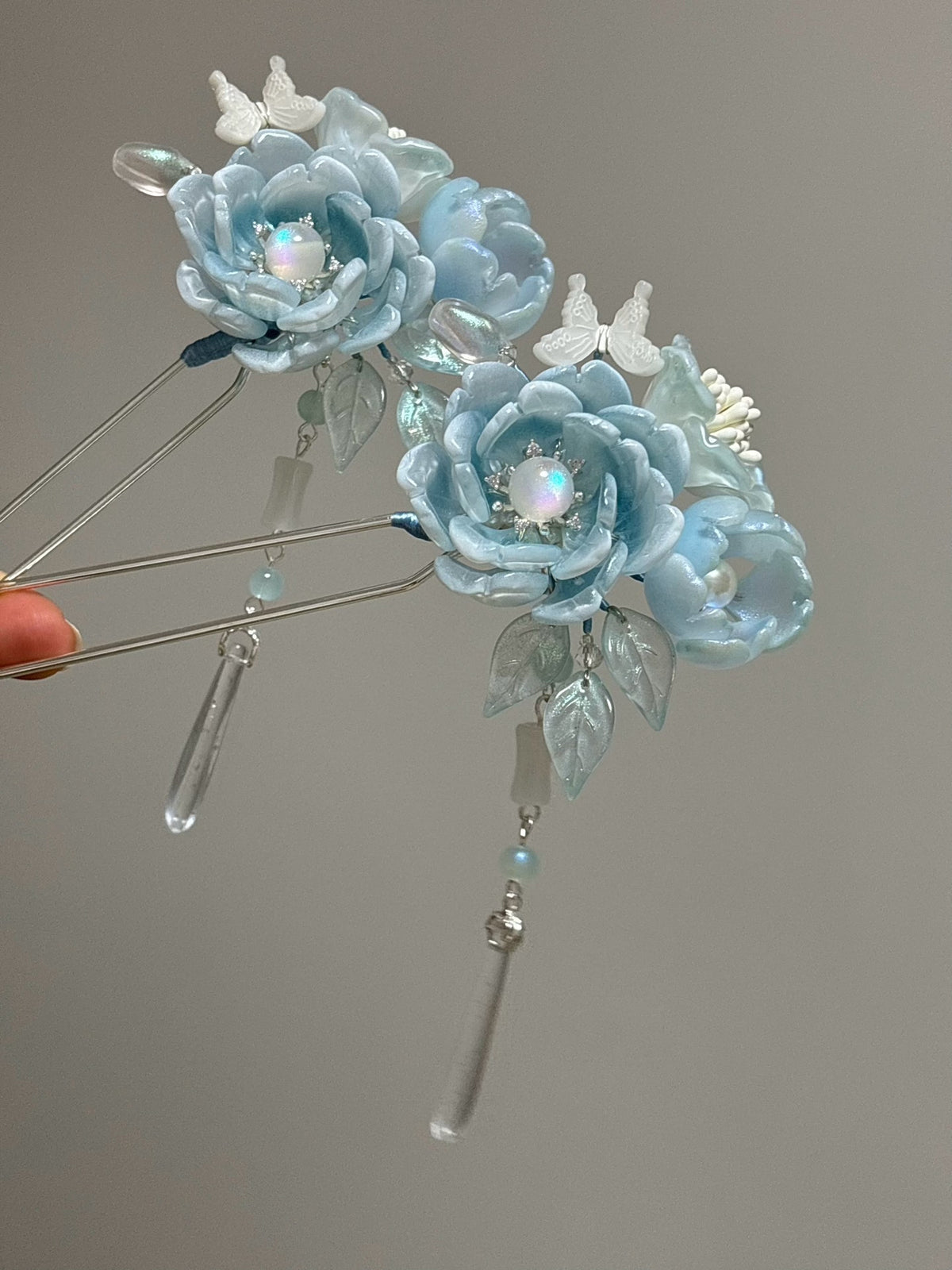 Glass Hairpin with Sky Blue Floral Design