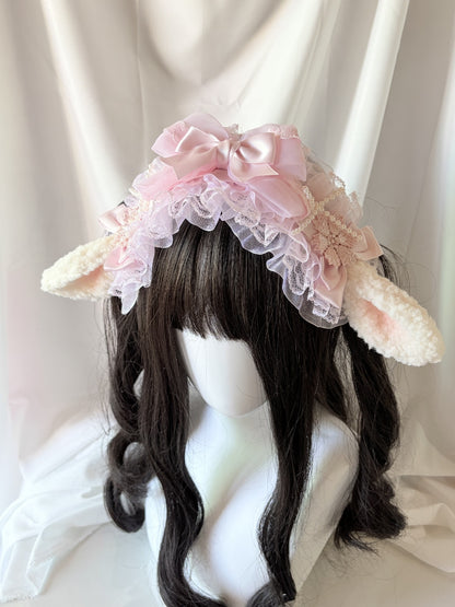 Lolita Plush Ear Headband with Lace and Satin Bow