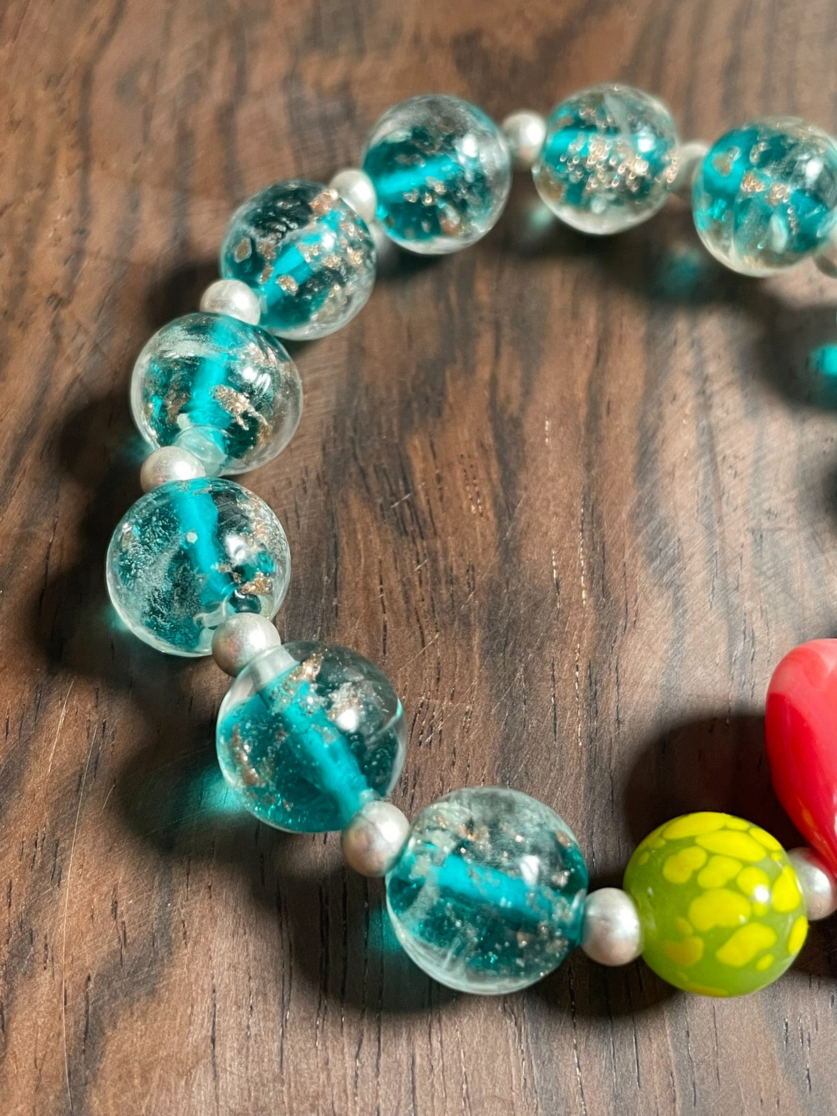 Handmade Glass Bead Bracelet with Coral Heart