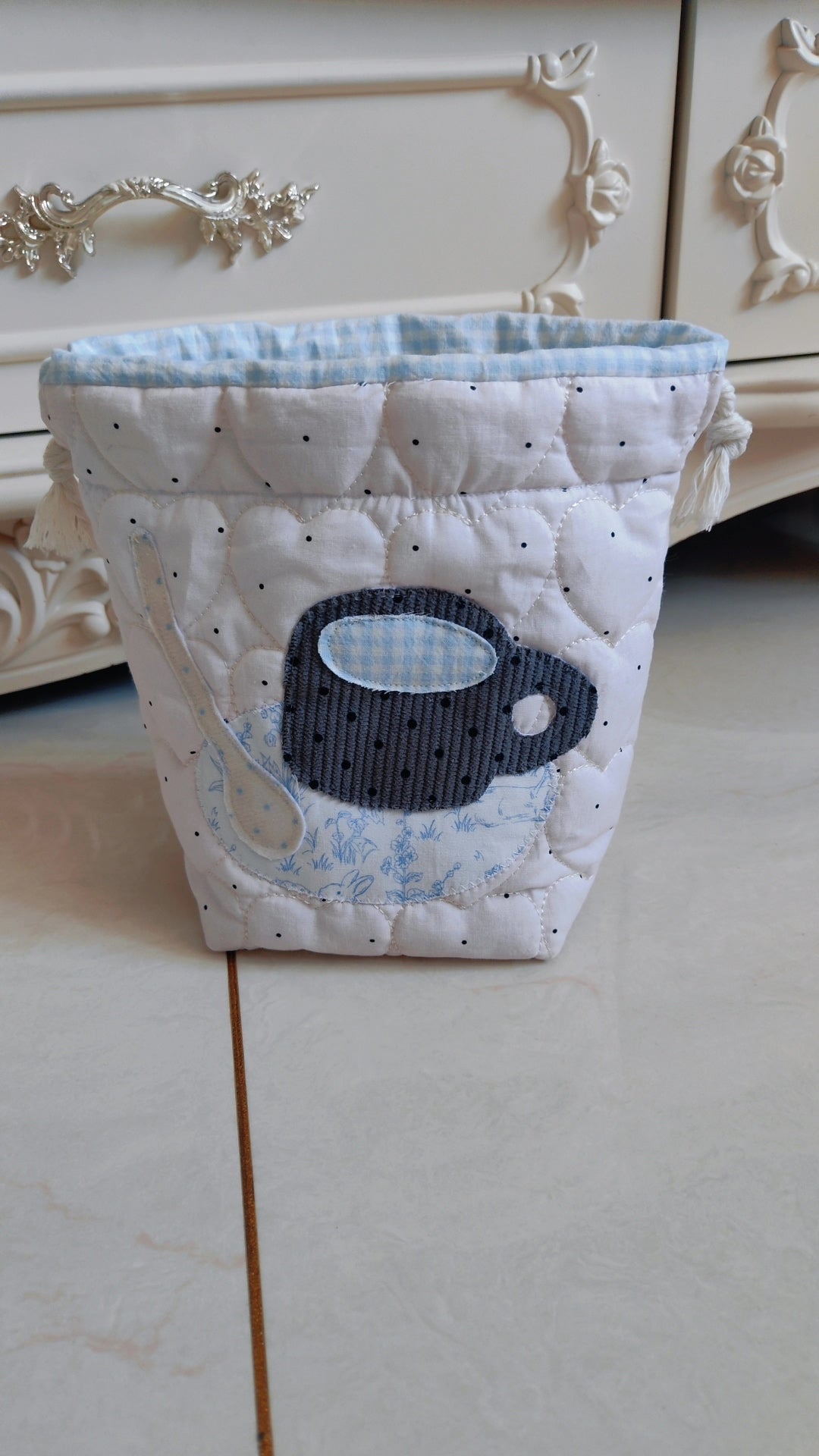 Quilted Drawstring Pouch with Coffee Cup Applique