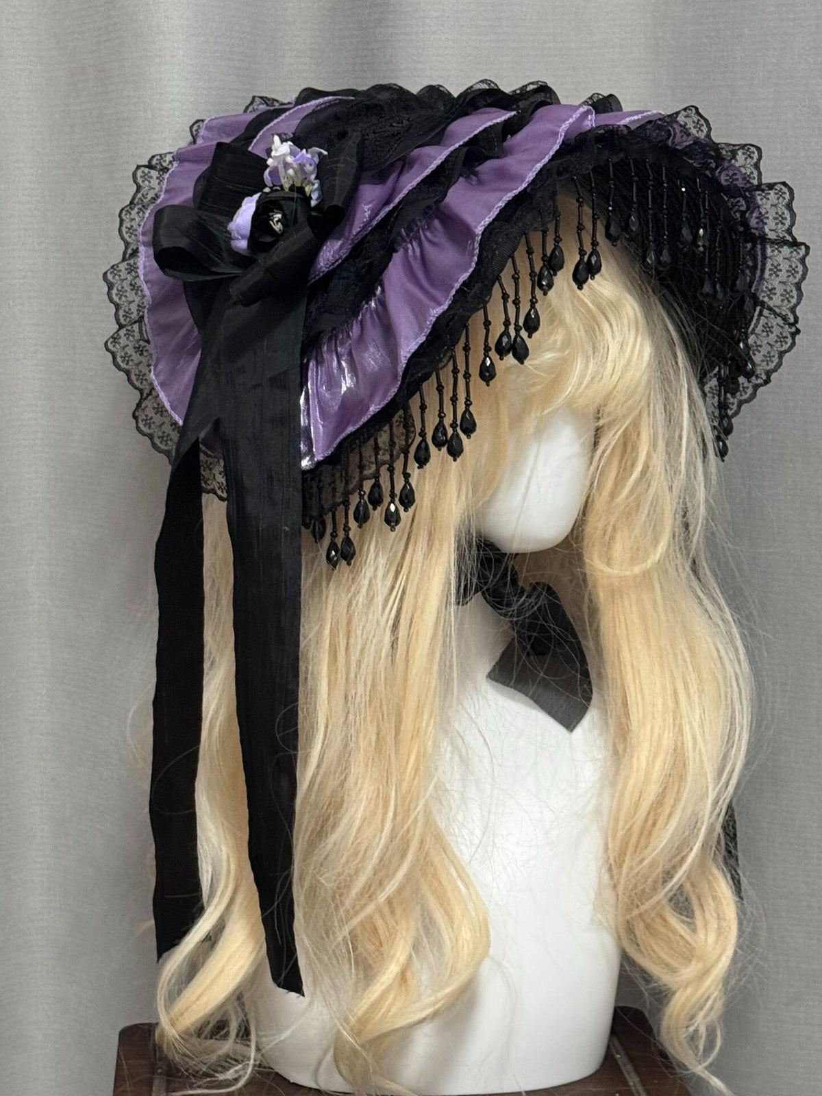 Black Purple Lolita Gothic Lace Bonnet Hat