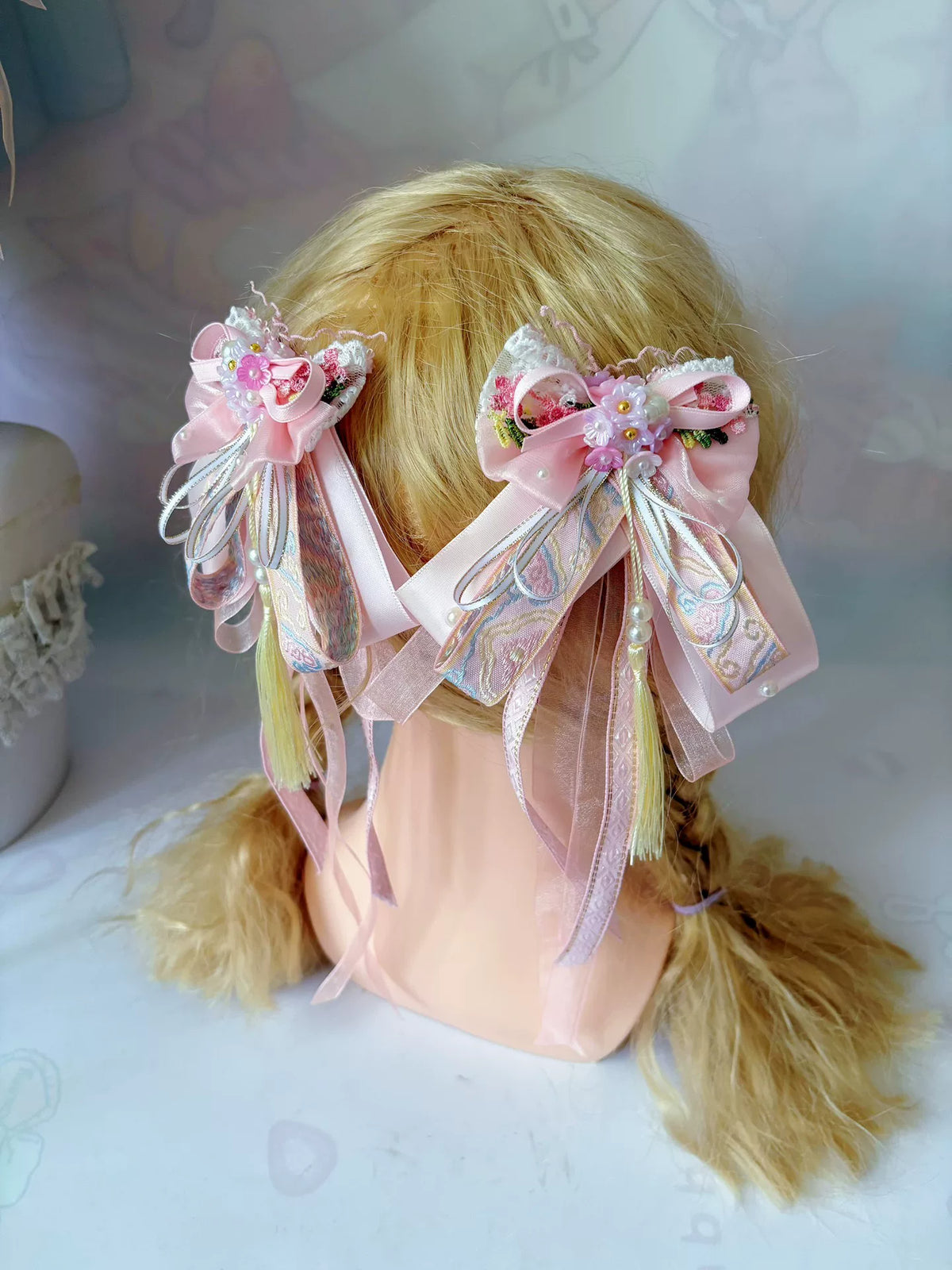 Pinzas para el pelo de lazo con perlas estilo Lolita hechas a mano