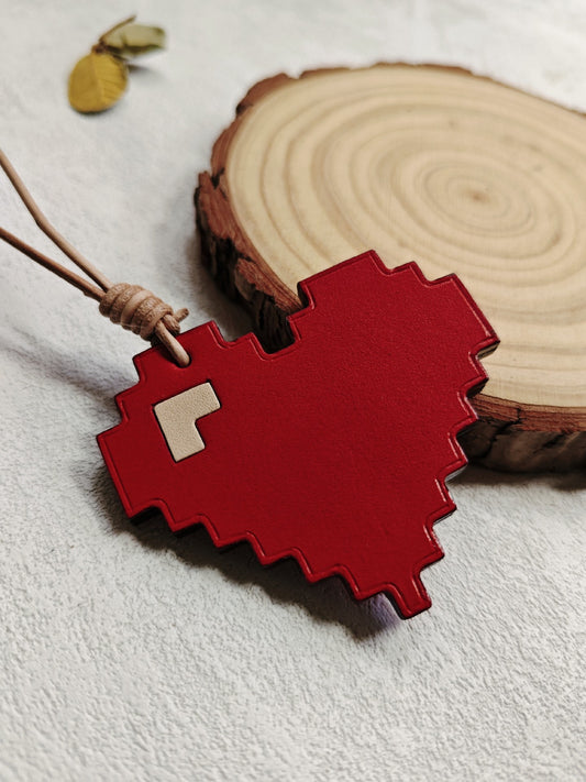 Vegetable-Tanned Leather Pixel Heart Keychain