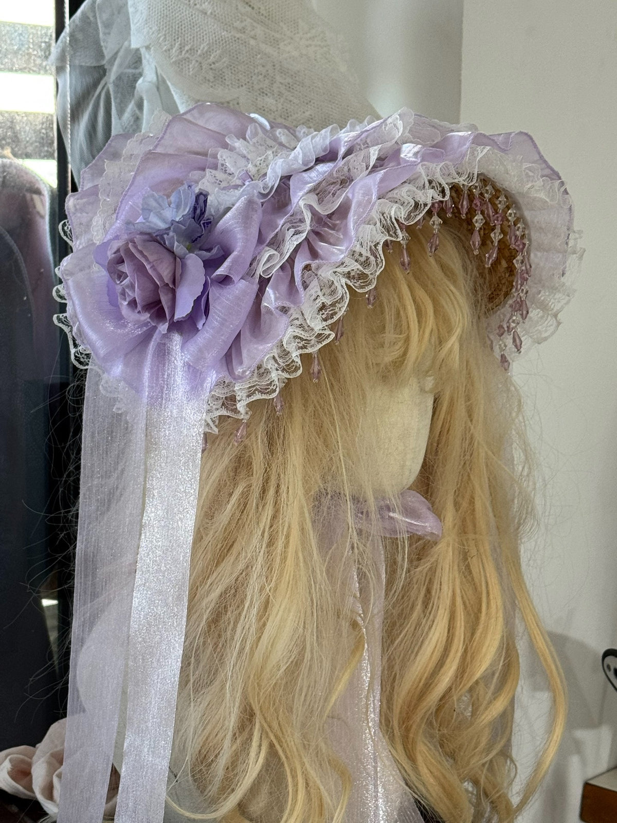 Handmade Lavender Lace Bonnet Straw Hat