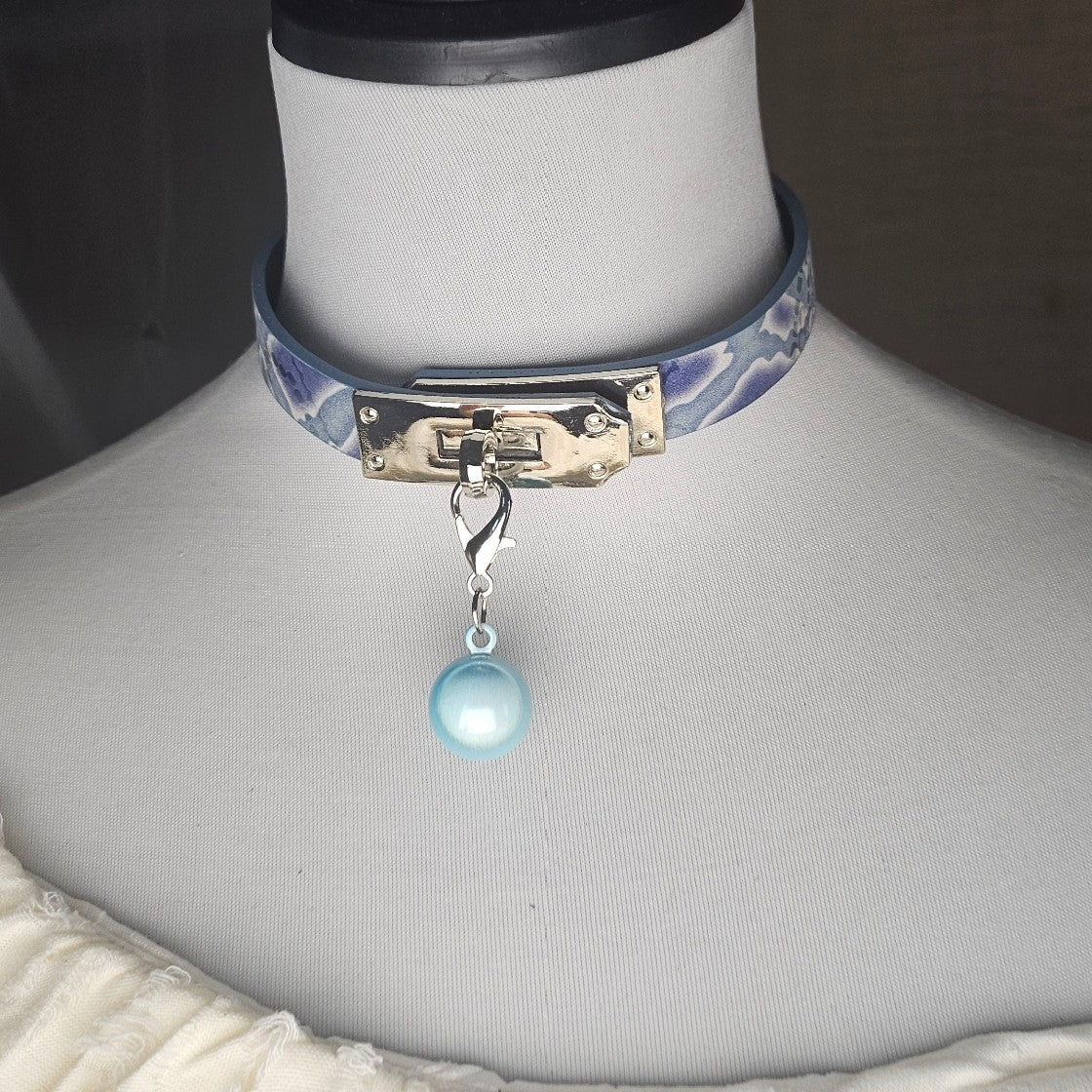 Handcrafted Leather Choker with Blue Cloud Pattern