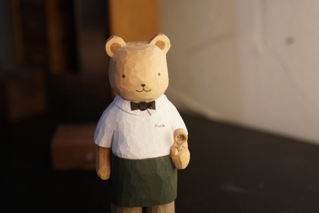 Handcrafted Beech Wood Barista Bear Figurine