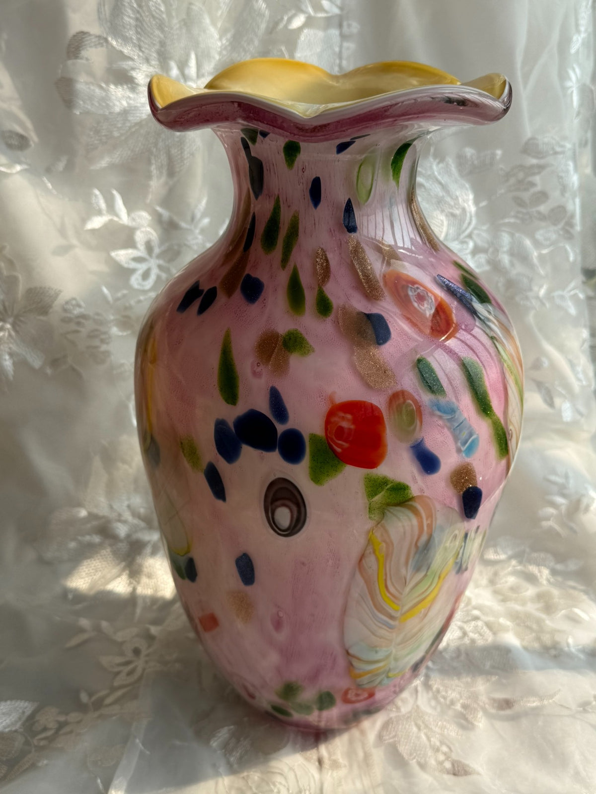 Glasvas med blommotiv vintage 35 cm