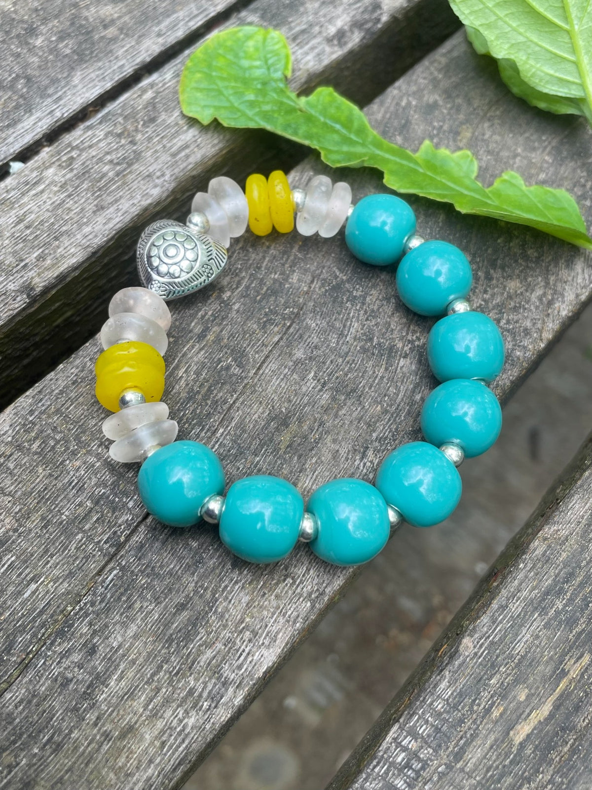 Turquoise Glass Beaded Bracelet with Heart Charm