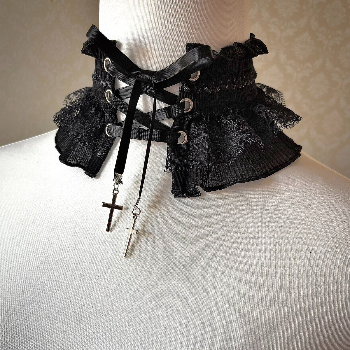 Gothic Lace Choker with Cross Pendants