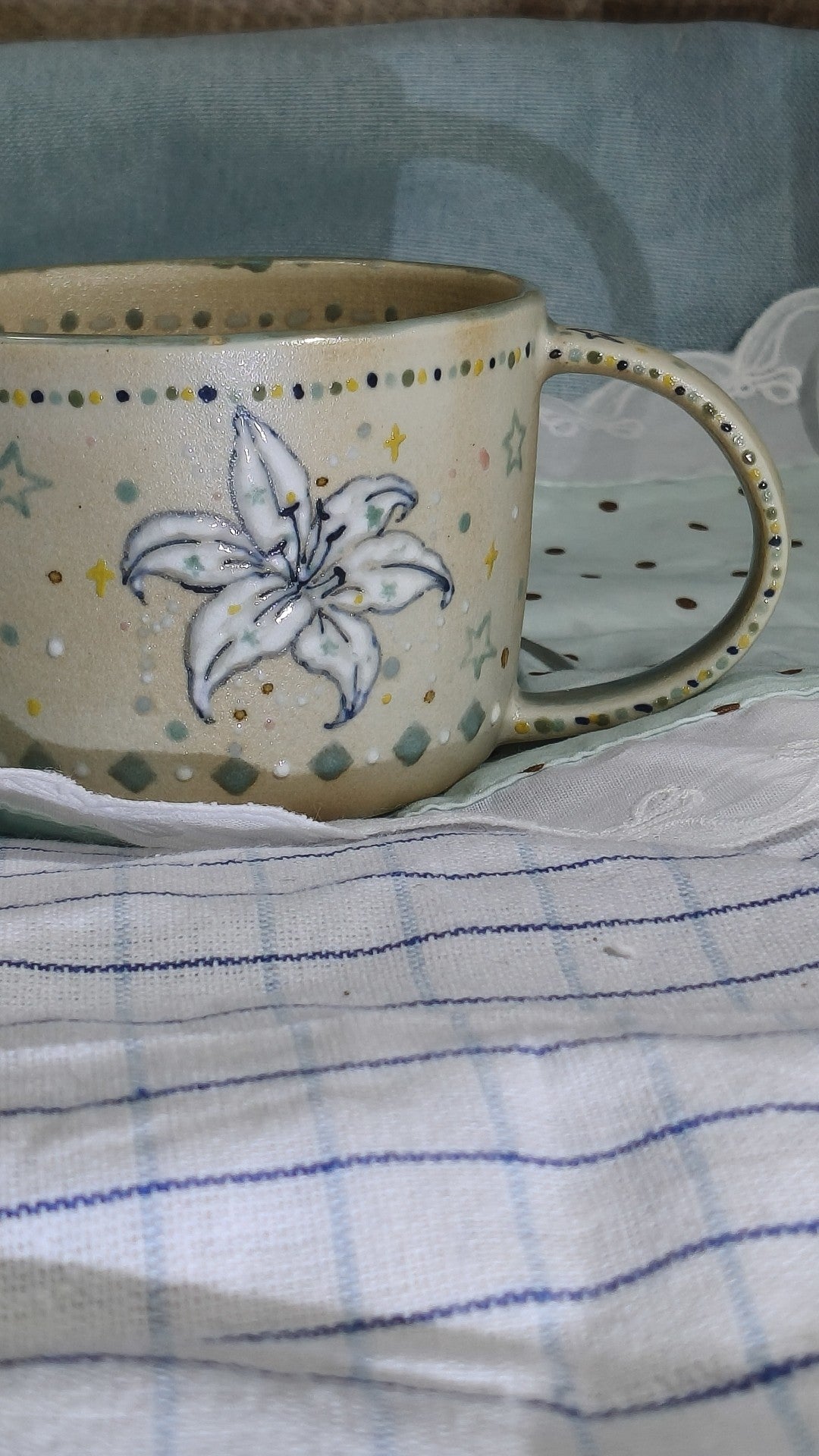 Hand Painted Lily Ceramic Mug Speckled Glaze