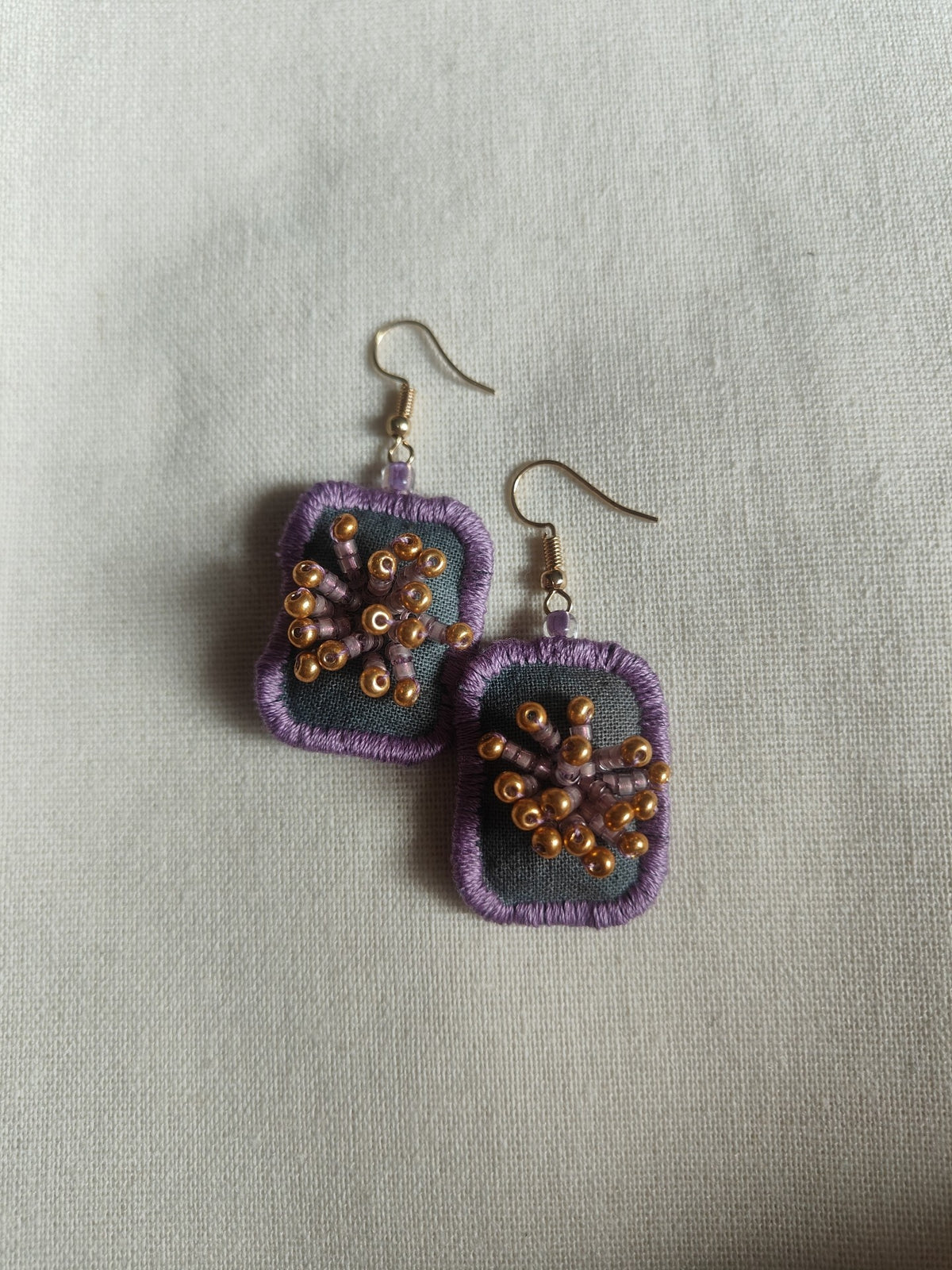 Handmade Fabric Earrings Purple Beaded