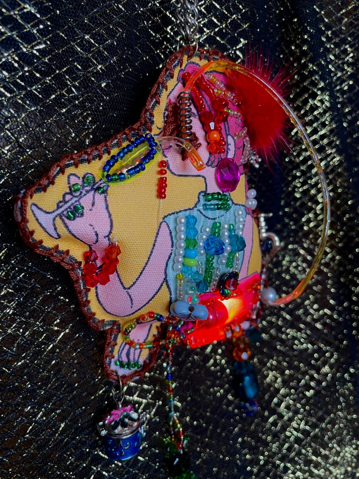 Handcrafted Beaded Bag Charm with Pink Hair Girl