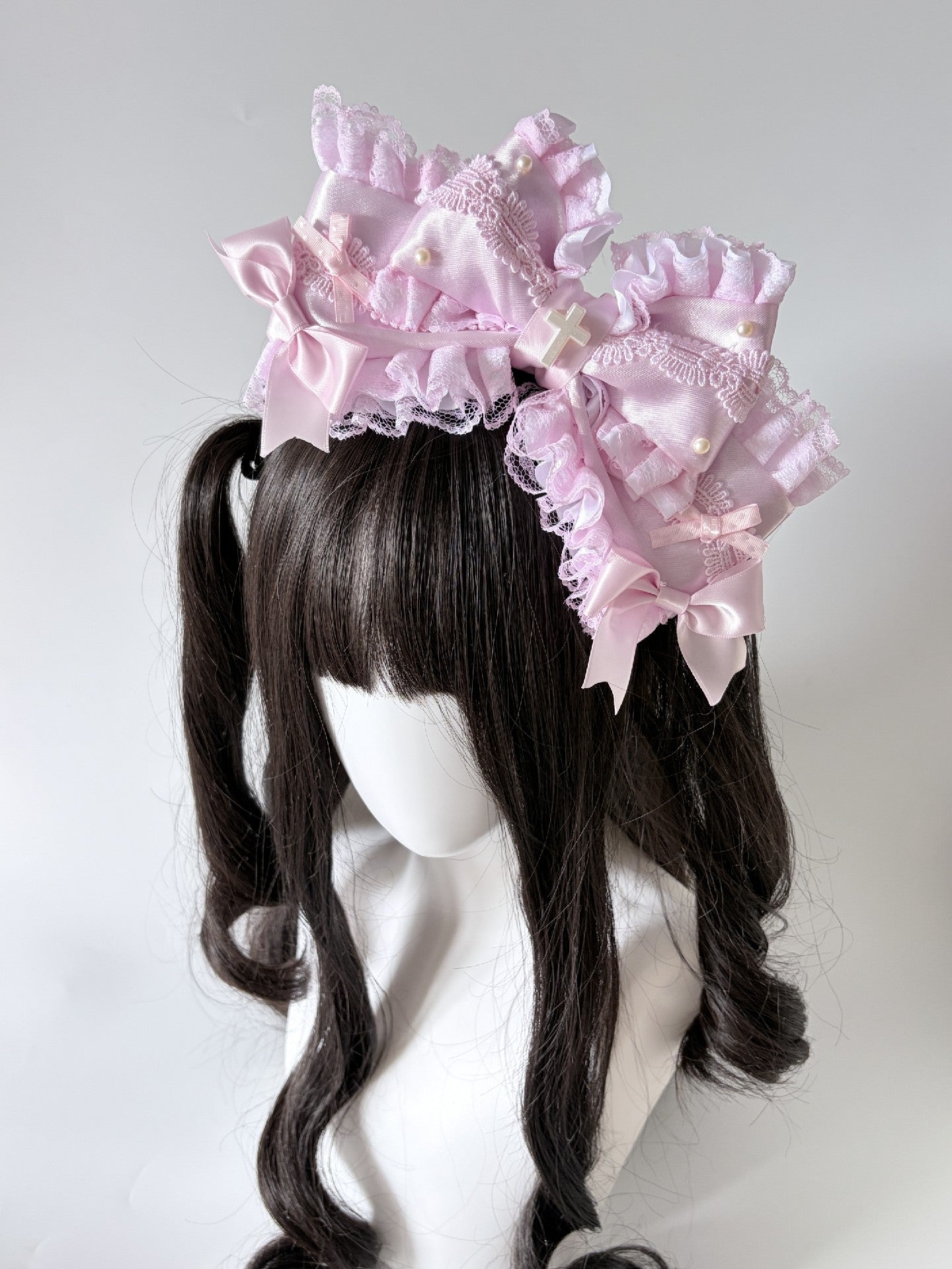 Pink Large Multi-Layer Bow Lolita Headband with Lace and Pearl Charms