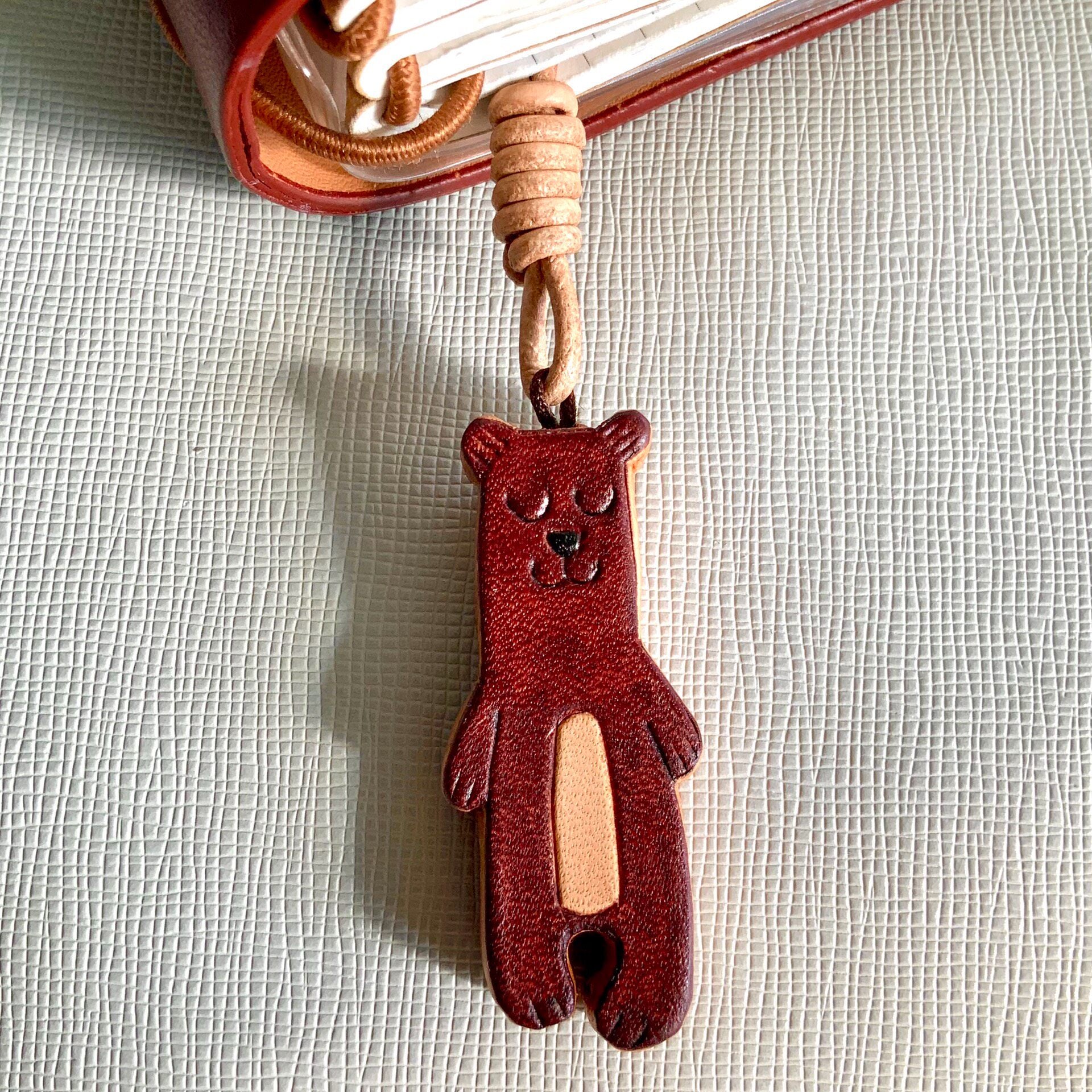 Set of Two Leather Charms: Bear and Heart Pendants for Journal, Bag, or Phone