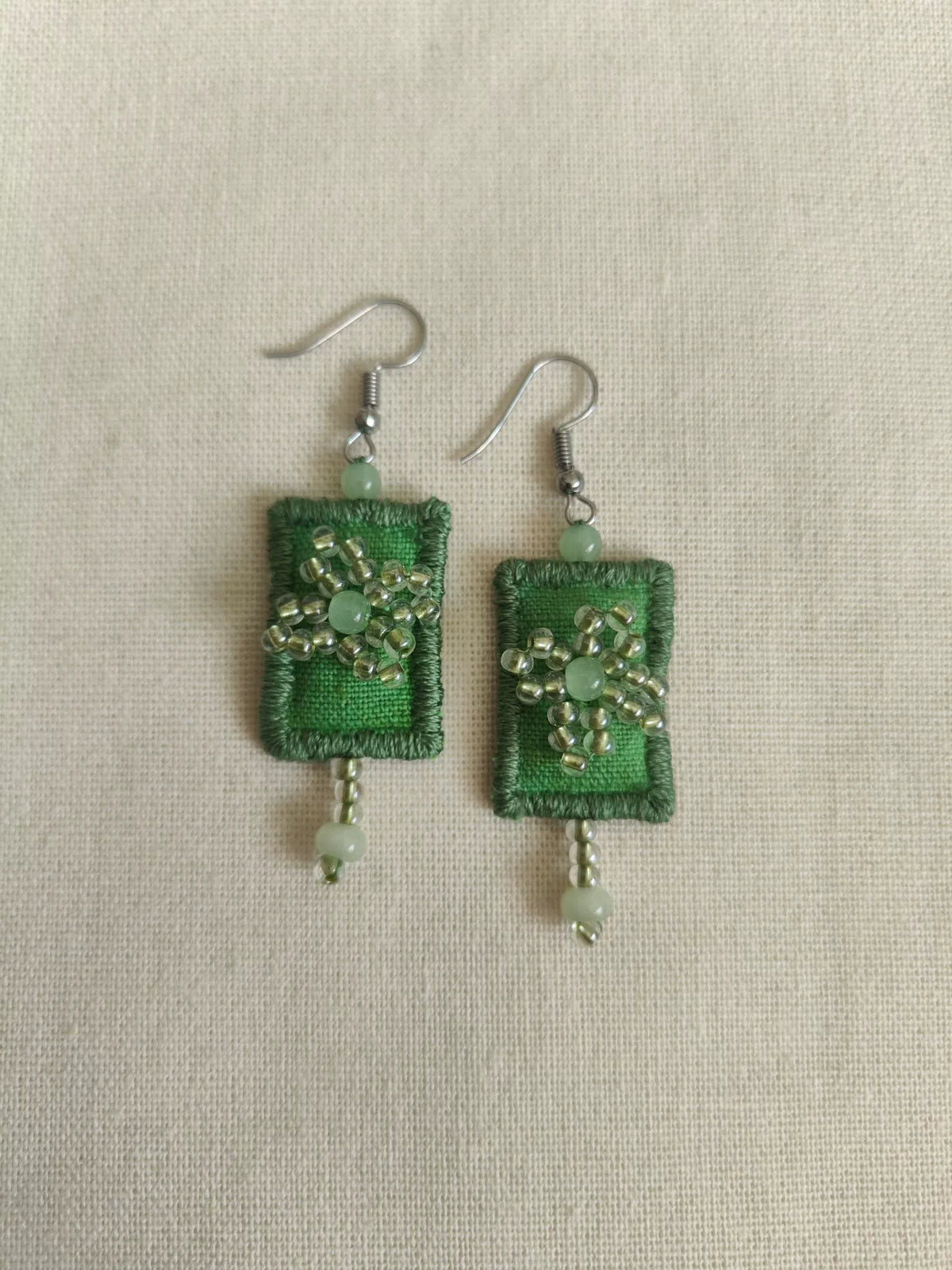 Handmade Green Fabric Beaded Tassel Earrings