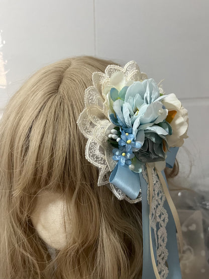 Handmade Lolita Blue Rose Floral Hair Brooch