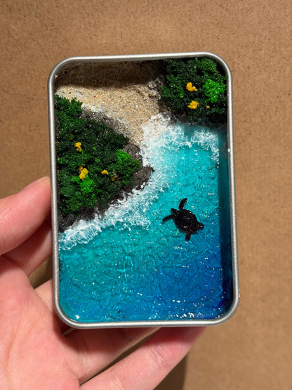 Miniature Coastal Diorama with Turtle in Metal Box