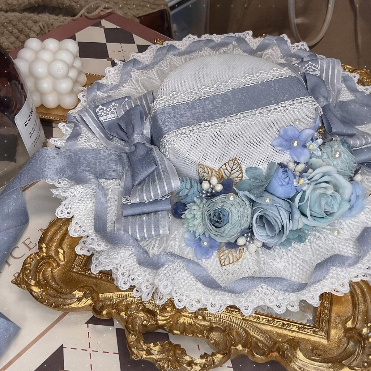 Lolita Flat Hat Pseudo Bonnet Dusty Blue Lace