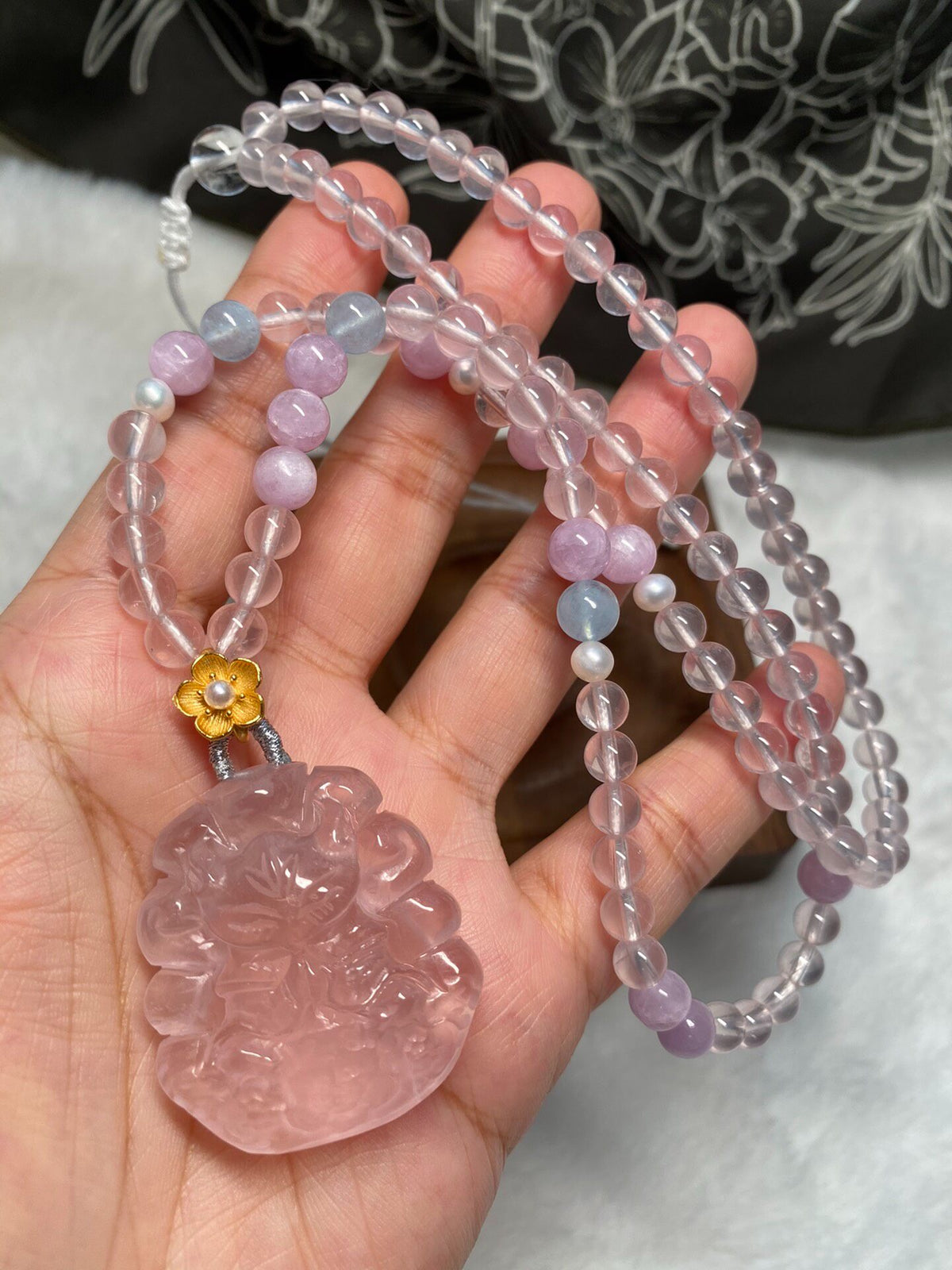 Pink Quartz Fox Pendant Beaded Necklace