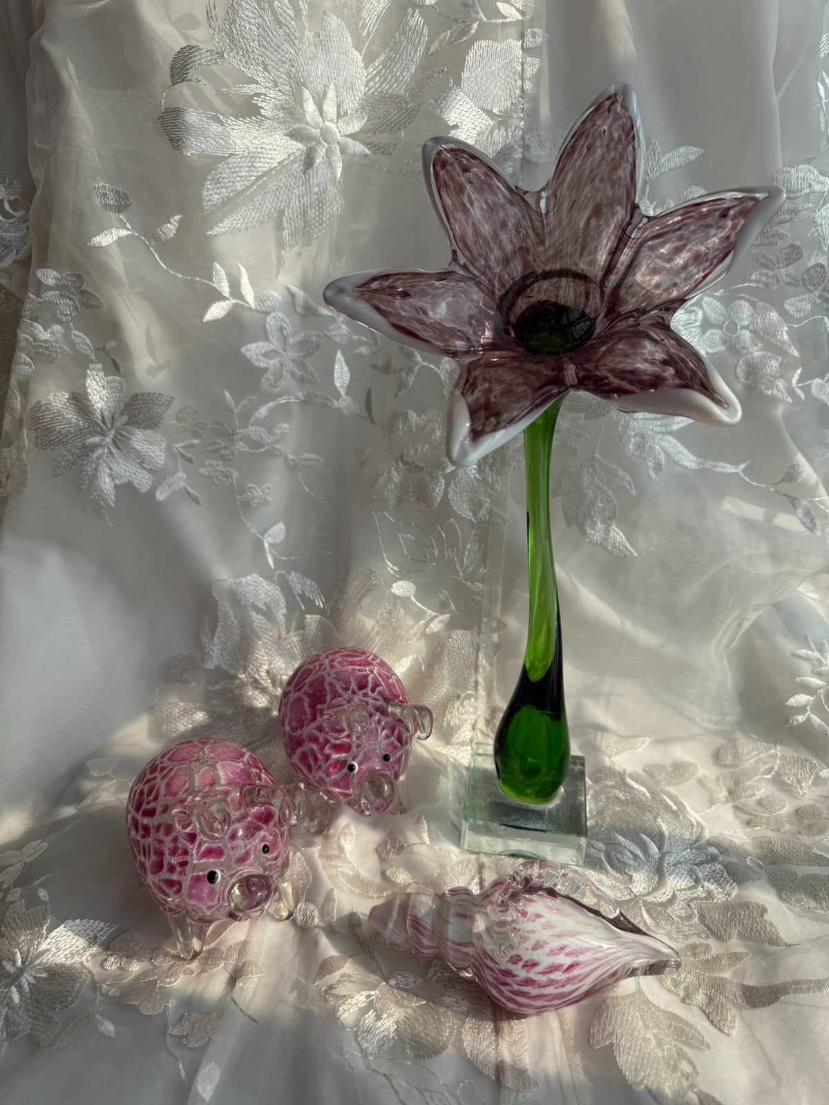 Vintage Glass Flower Pig Seashell Figurine Set