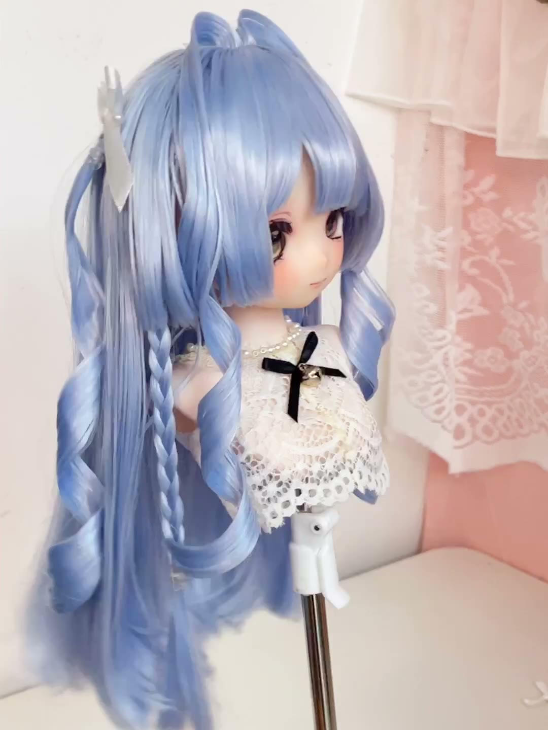 Doll Wig Pastel Blue with Bows