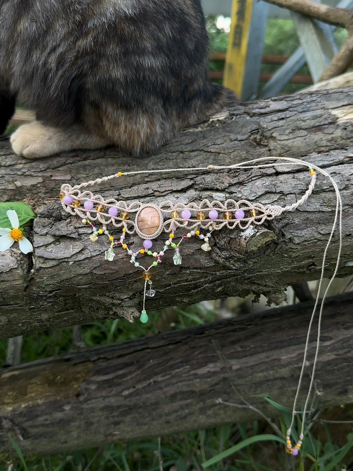 Pink Raw Stone Macrame Choker Necklace