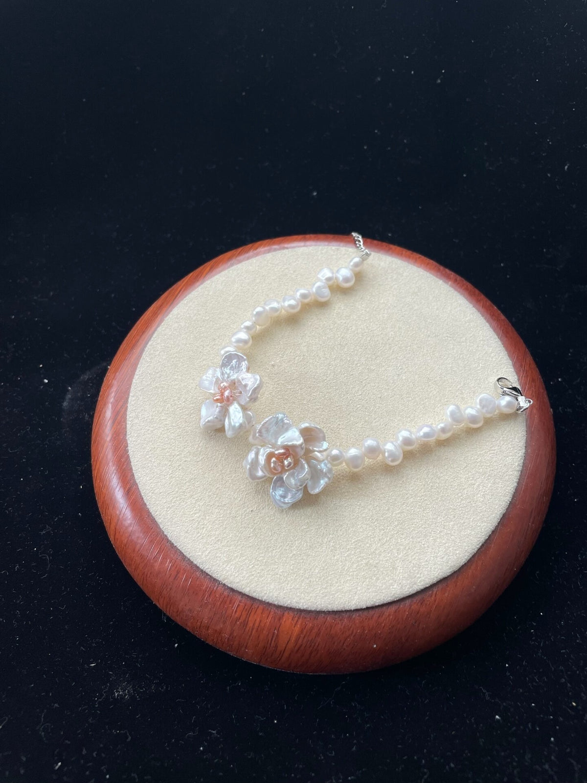 Natural Pearl Bracelet Silver Blue Flowers