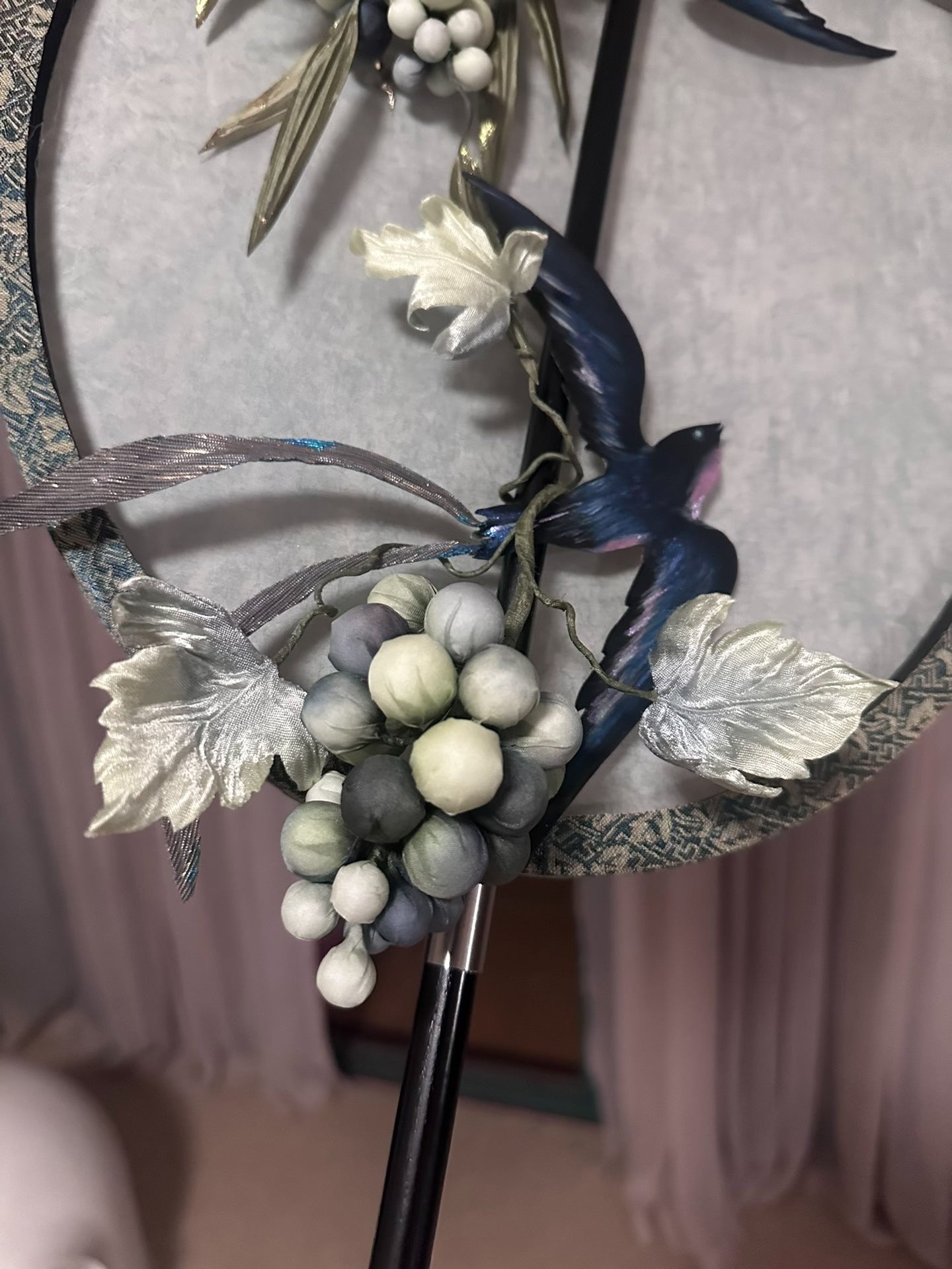 Custom Tang-Style Fan with Wild Grapes and Swallows on Silk