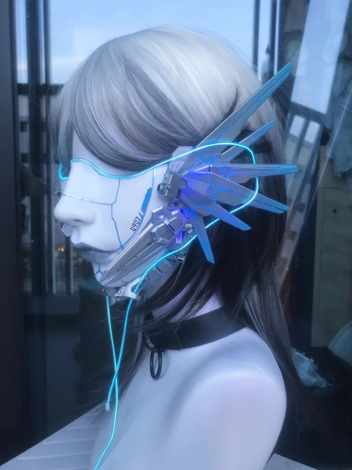 Cyberpunk Half-Face Mask with Cyan Fiber Optic Lighting